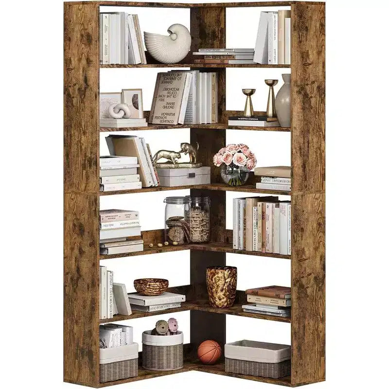 6-Tier Industrial Corner Bookshelf, L-Shaped Bookcase with Baffles and Shelves, Large Storage Display Unit for Living Room, Home Office