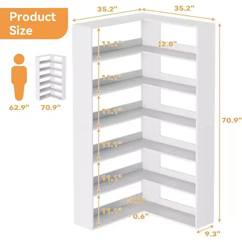 6-Tier Industrial Corner Bookshelf, L-Shaped Bookcase with Baffles and Shelves, Large Storage Display Unit for Living Room, Home Office