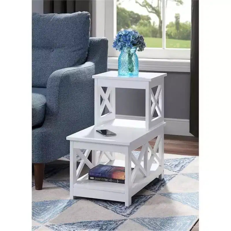 2-Step Chairside End Table with L-Shape Design and X-Frame Sides, Multi-Tier Storage Shelves for Living Room