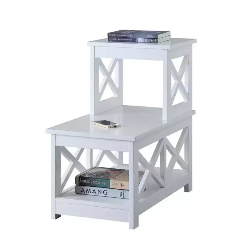 2-Step Chairside End Table with L-Shape Design and X-Frame Sides, Multi-Tier Storage Shelves for Living Room