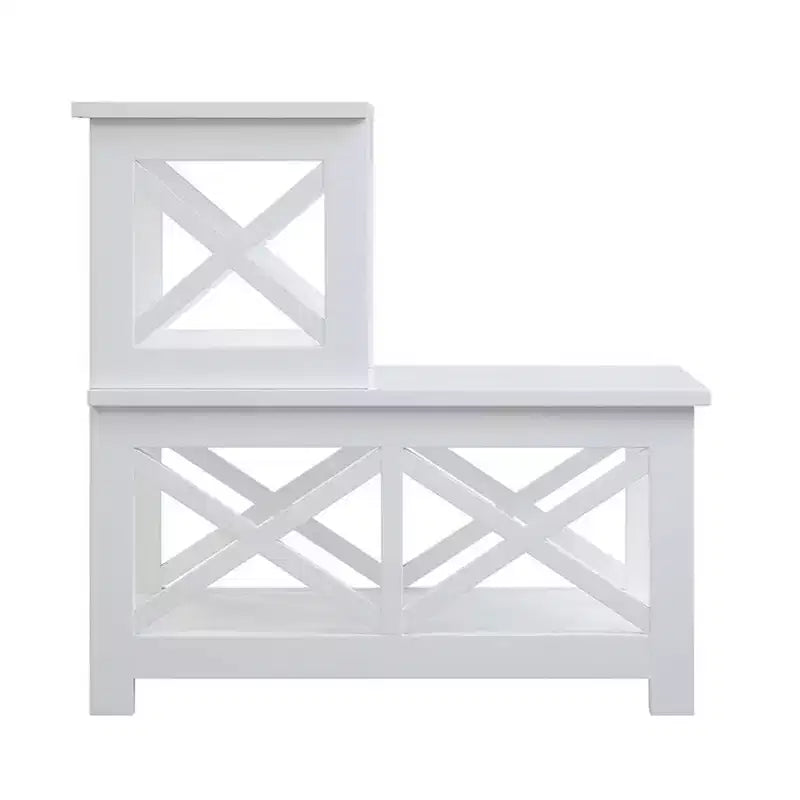 2-Step Chairside End Table with L-Shape Design and X-Frame Sides, Multi-Tier Storage Shelves for Living Room