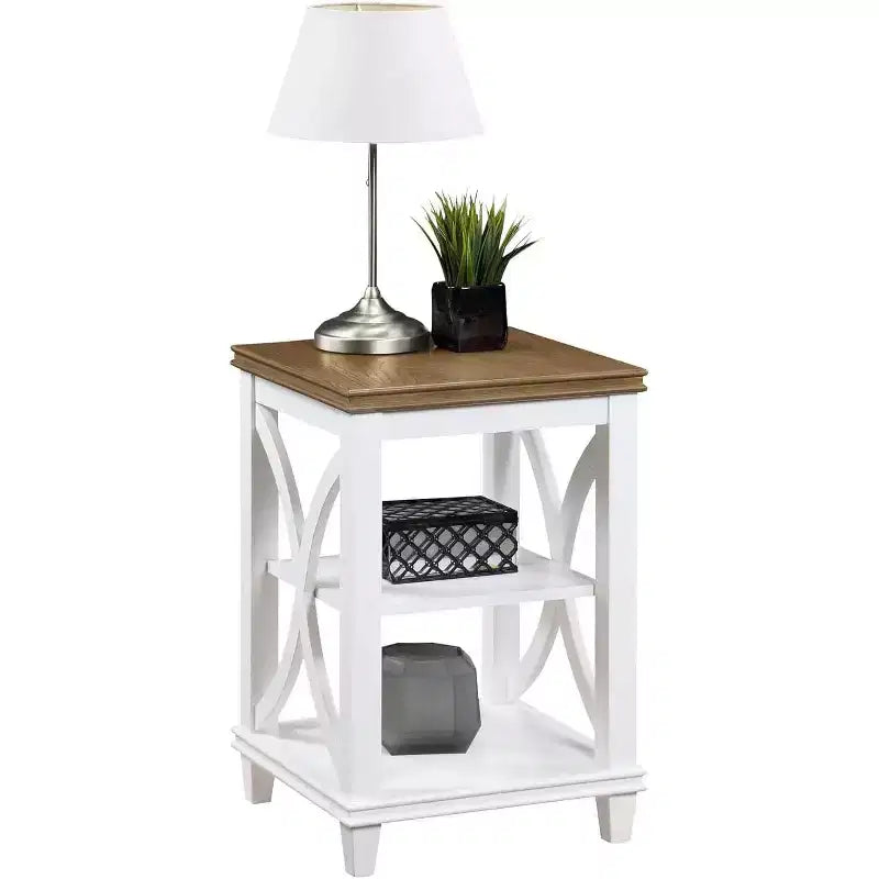 End Table with Shelves, X-Side Design, Two-Tier Storage, Solid Rubberwood with Oak Veneer