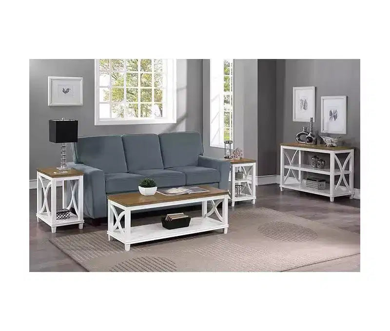 End Table with Shelves, X-Side Design, Two-Tier Storage, Solid Rubberwood with Oak Veneer