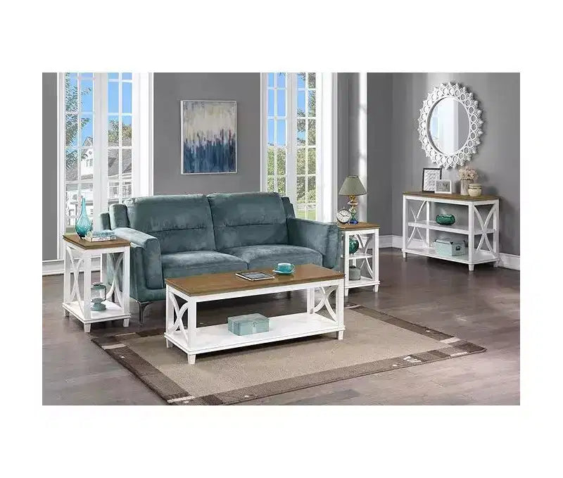 End Table with Shelves, X-Side Design, Two-Tier Storage, Solid Rubberwood with Oak Veneer