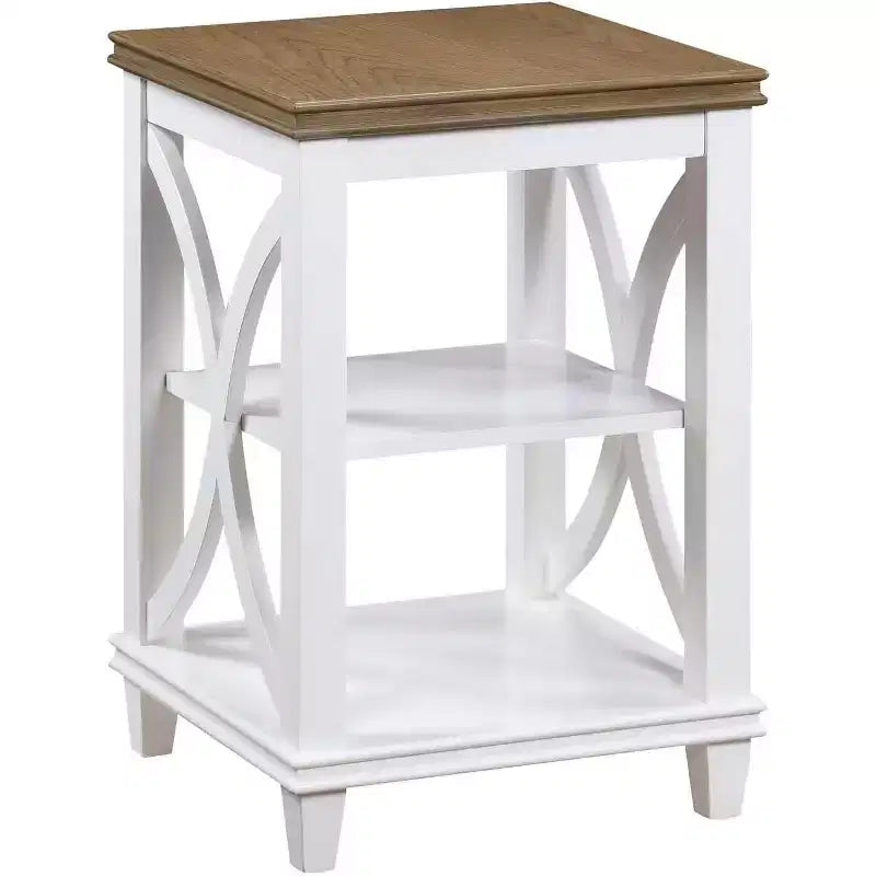 End Table with Shelves, X-Side Design, Two-Tier Storage, Solid Rubberwood with Oak Veneer