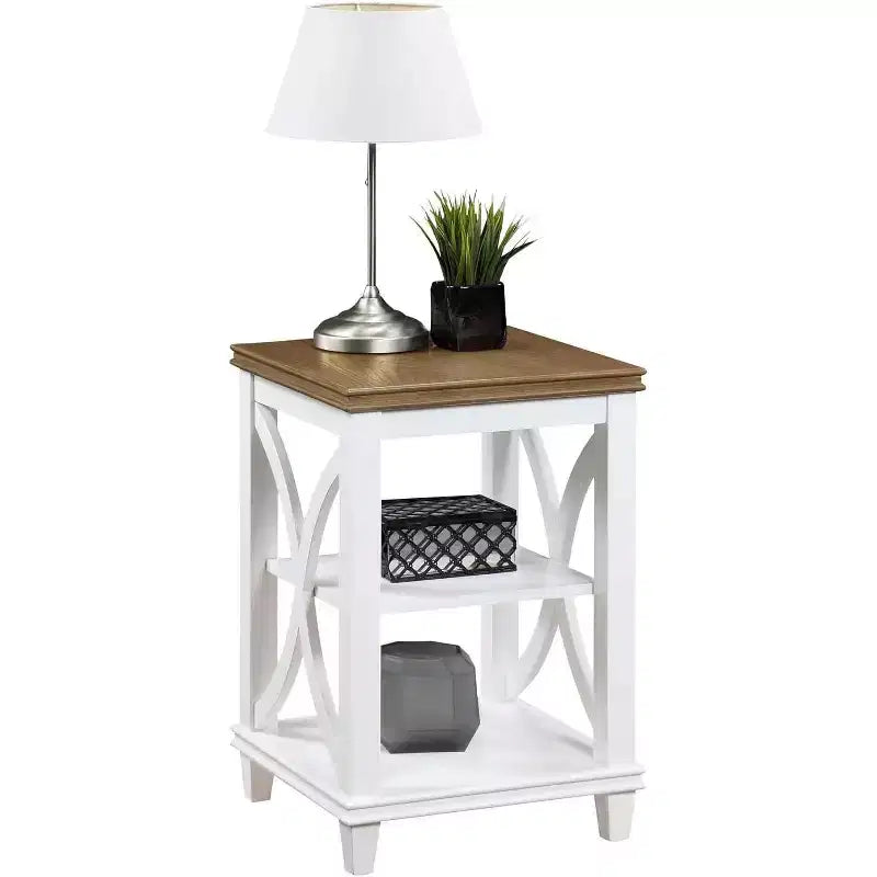 End Table with Shelves, X-Side Design, Two-Tier Storage, Solid Rubberwood with Oak Veneer