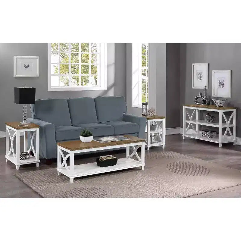 End Table with Shelves, X-Side Design, Two-Tier Storage, Solid Rubberwood with Oak Veneer