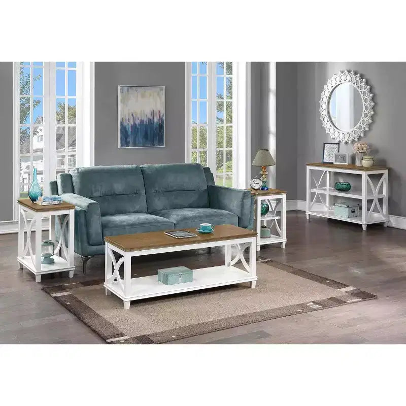End Table with Shelves, X-Side Design, Two-Tier Storage, Solid Rubberwood with Oak Veneer