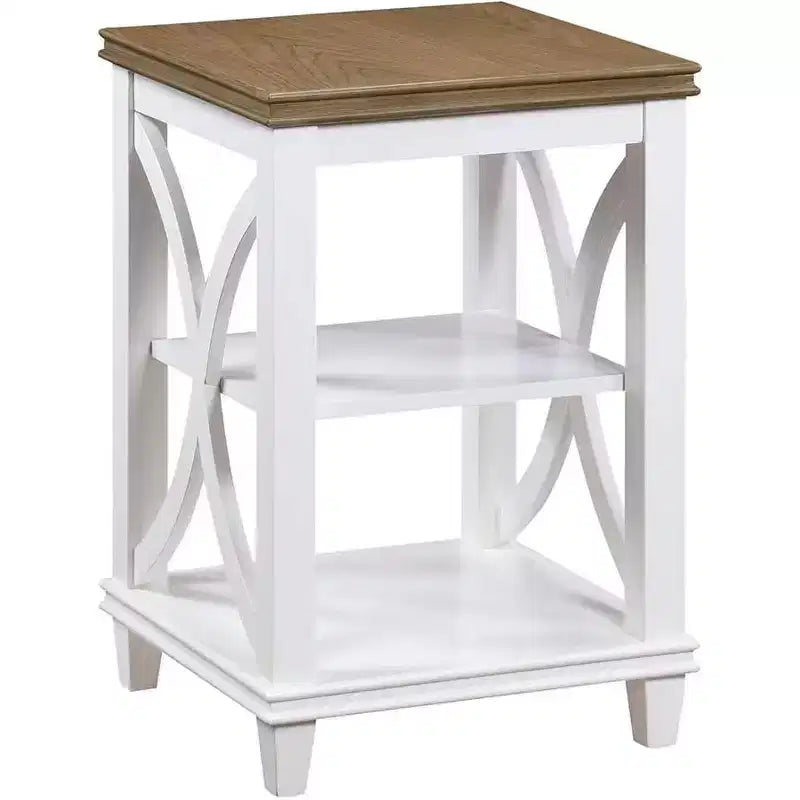 End Table with Shelves, X-Side Design, Two-Tier Storage, Solid Rubberwood with Oak Veneer