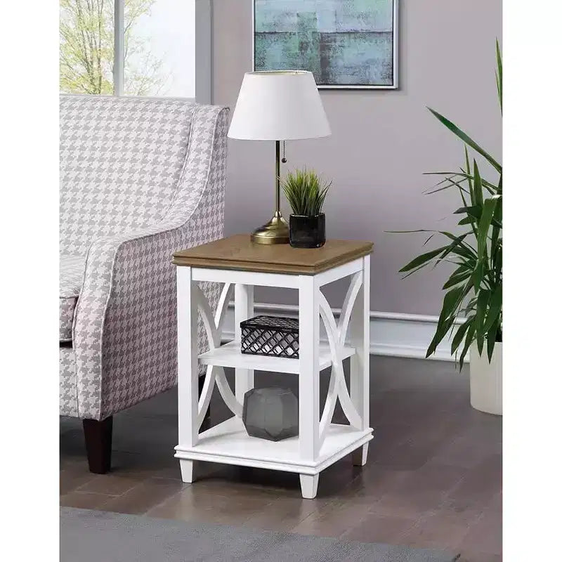 End Table with Shelves, X-Side Design, Two-Tier Storage, Solid Rubberwood with Oak Veneer