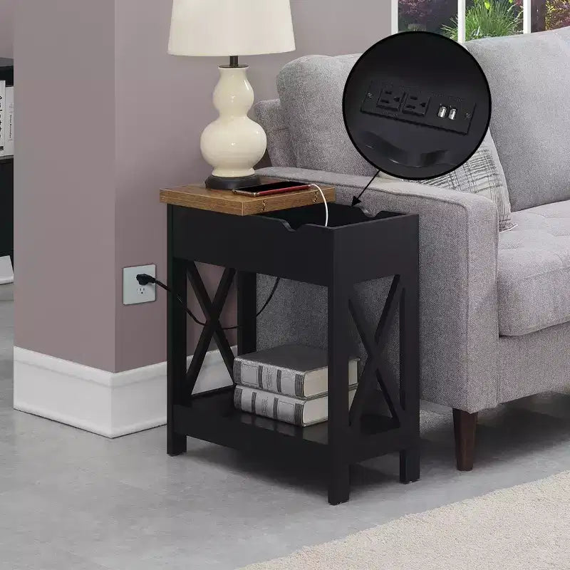 Flip Top End Table with Charging Station and Shelf, Two-Tone Finish, Modern Chairside Table with Hidden Storage