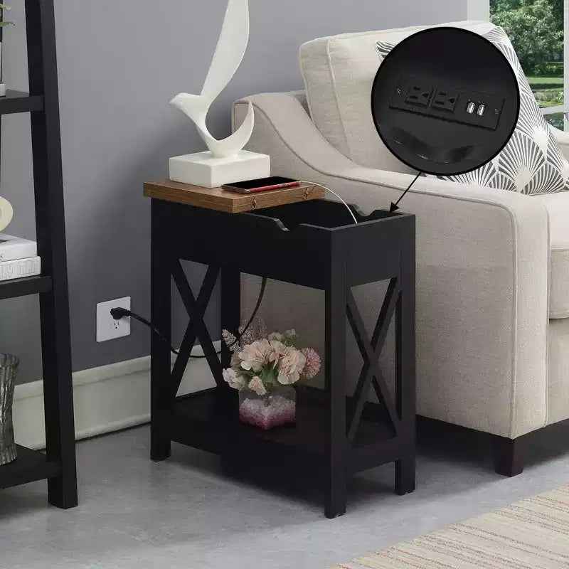Flip Top End Table with Charging Station and Shelf, Two-Tone Finish, Modern Chairside Table with Hidden Storage
