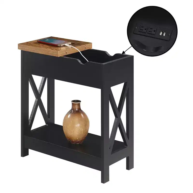 Flip Top End Table with Charging Station and Shelf, Two-Tone Finish, Modern Chairside Table with Hidden Storage