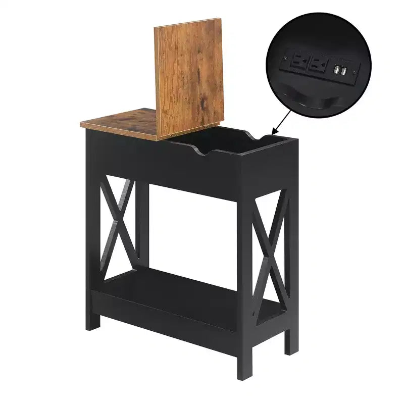 Flip Top End Table with Charging Station and Shelf, Two-Tone Finish, Modern Chairside Table with Hidden Storage