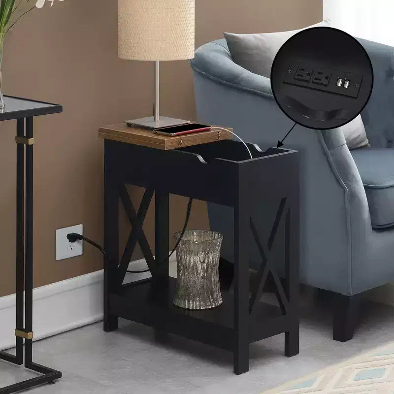 Flip Top End Table with Charging Station and Shelf, Two-Tone Finish, Modern Chairside Table with Hidden Storage
