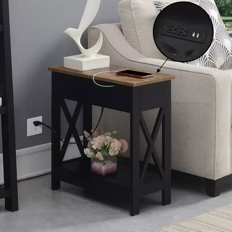 Flip Top End Table with Charging Station and Shelf, Two-Tone Finish, Modern Chairside Table with Hidden Storage