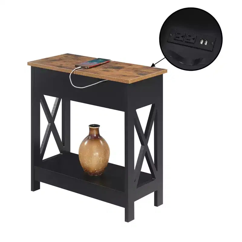 Flip Top End Table with Charging Station and Shelf, Two-Tone Finish, Modern Chairside Table with Hidden Storage