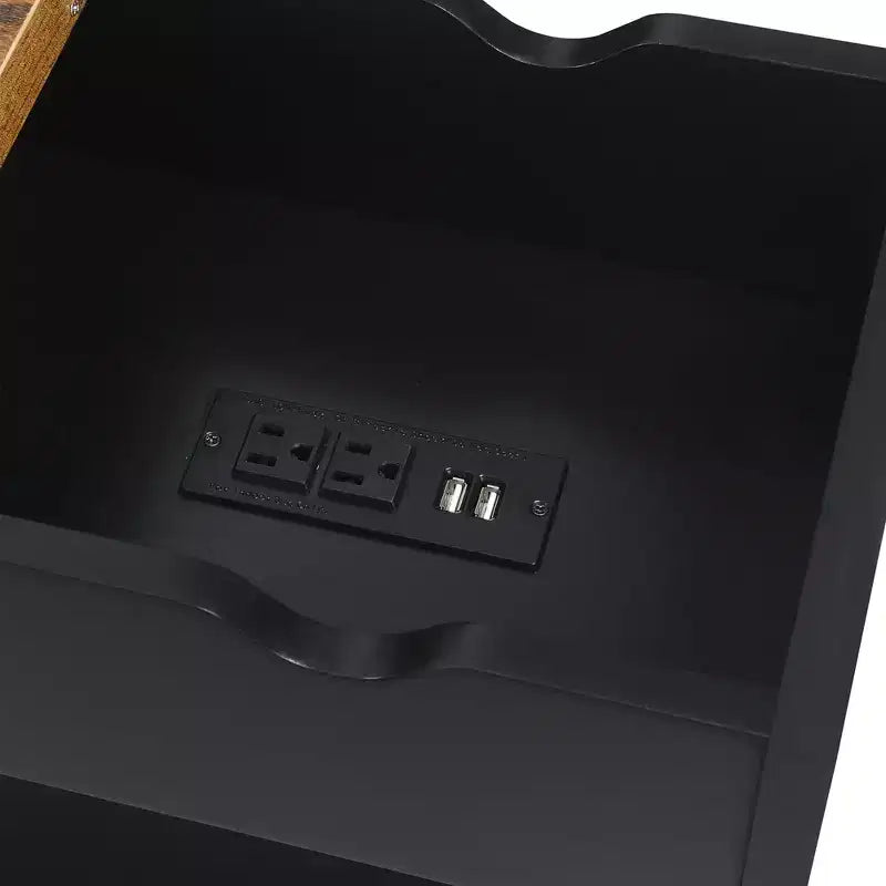 Flip Top End Table with Charging Station and Shelf, Two-Tone Finish, Modern Chairside Table with Hidden Storage