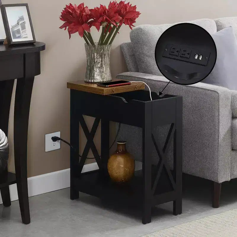 Flip Top End Table with Charging Station and Shelf, Two-Tone Finish, Modern Chairside Table with Hidden Storage