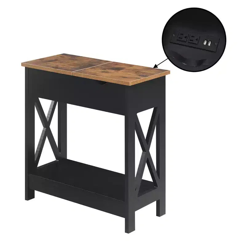 Flip Top End Table with Charging Station and Shelf, Two-Tone Finish, Modern Chairside Table with Hidden Storage