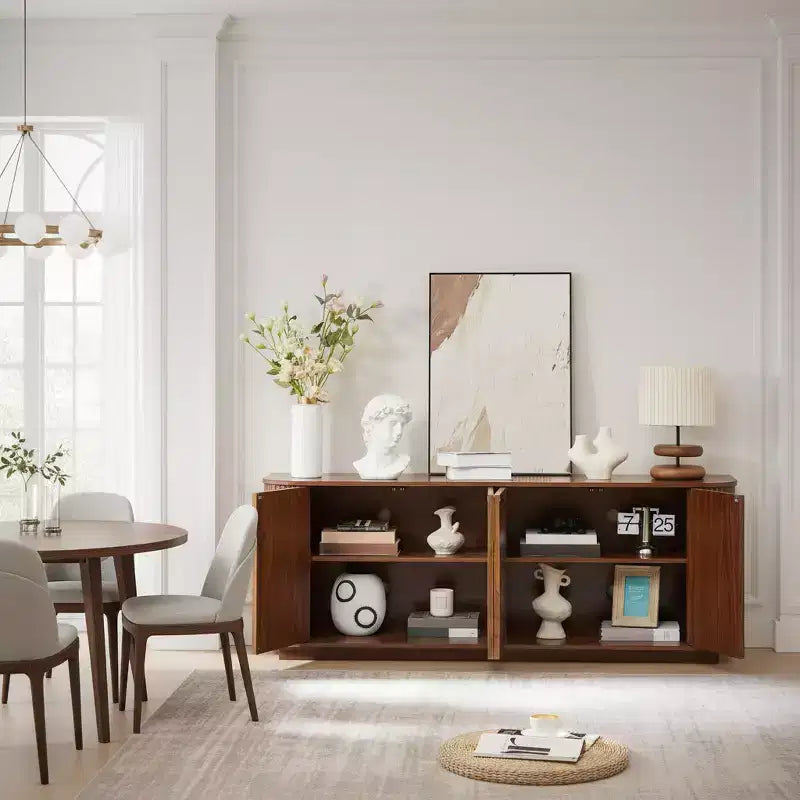 Modern Fluted 4-Door Sideboard Buffet Cabinet with Adjustable Shelves, Walnut