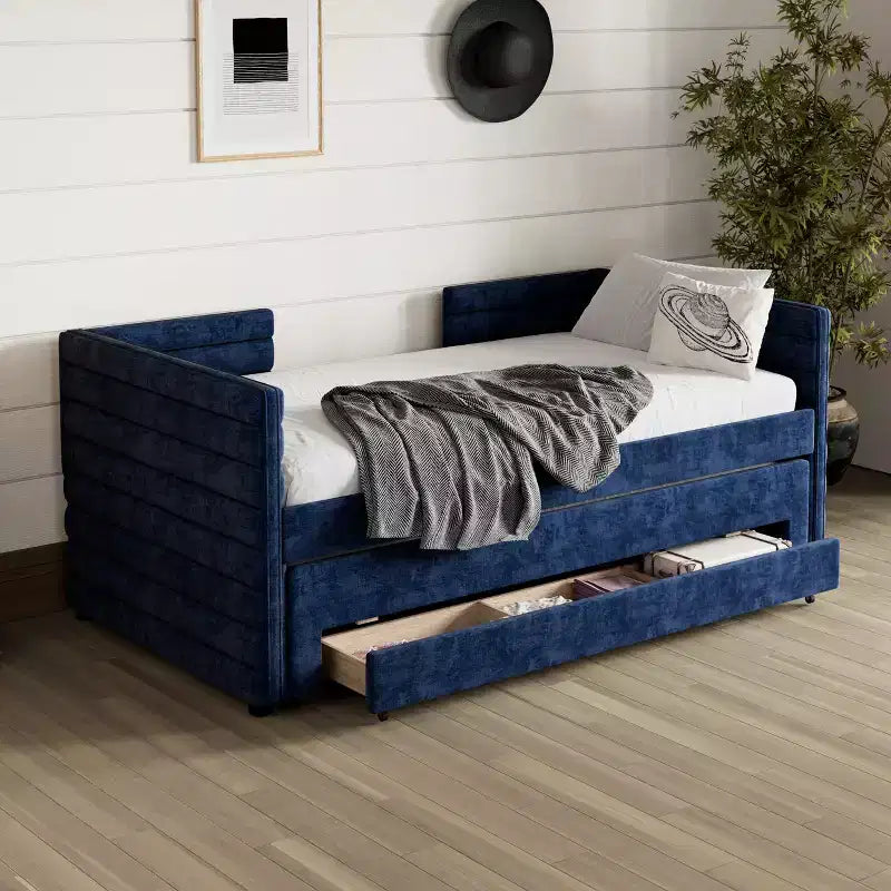 Twin Size Upholstered Daybed with Trundle and Storage Drawers