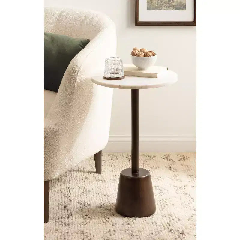 Round Marble Top Side Table with Mango Wood Base, 14 in. Diameter