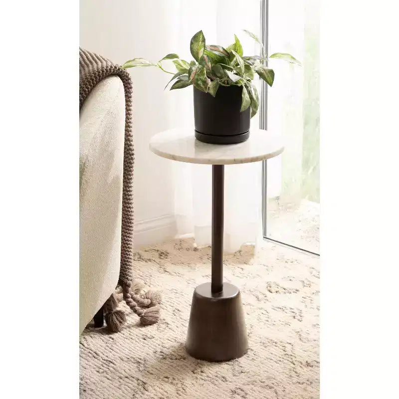Round Marble Top Side Table with Mango Wood Base, 14 in. Diameter