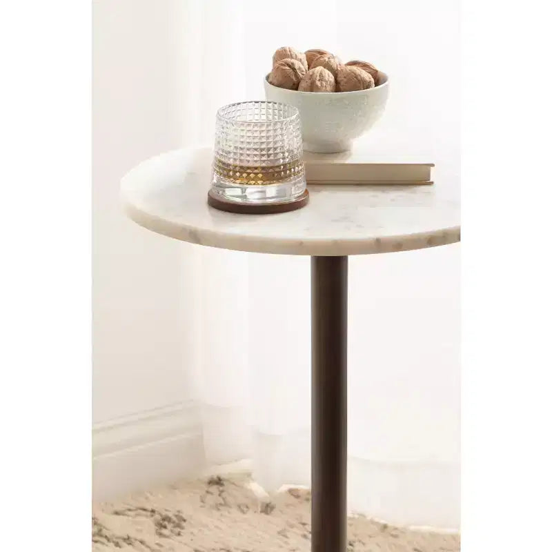 Round Marble Top Side Table with Mango Wood Base, 14 in. Diameter