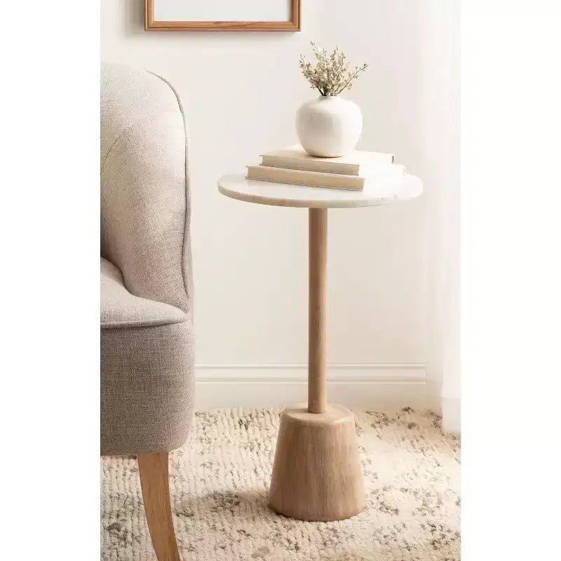 Round Marble Top Side Table with Mango Wood Base, 14 in. Diameter