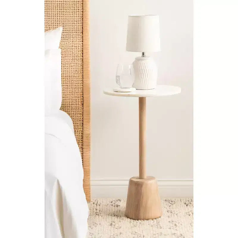 Round Marble Top Side Table with Mango Wood Base, 14 in. Diameter