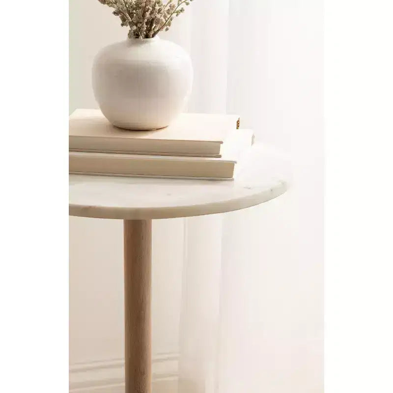 Round Marble Top Side Table with Mango Wood Base, 14 in. Diameter