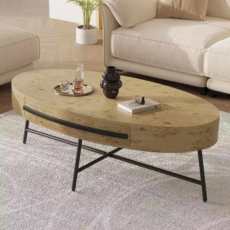 Oval Coffee Table with Drawer, 47.2 Mid-Century Modern Wooden Center Table with Storage