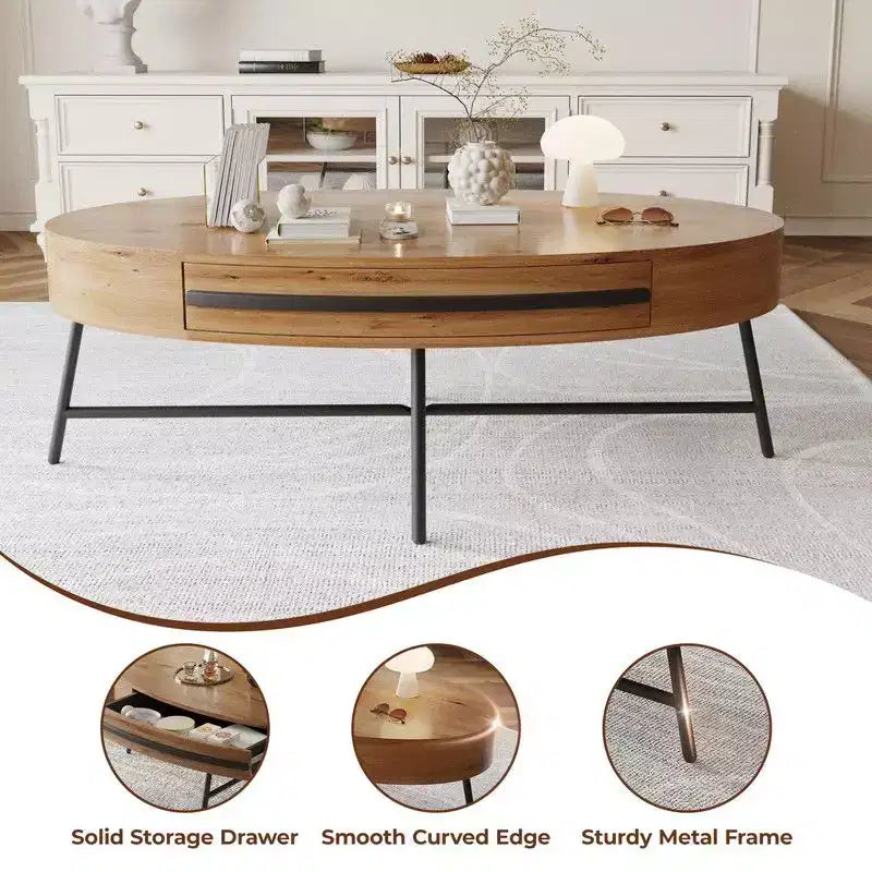 Oval Coffee Table with Drawer, 47.2 Mid-Century Modern Wooden Center Table with Storage