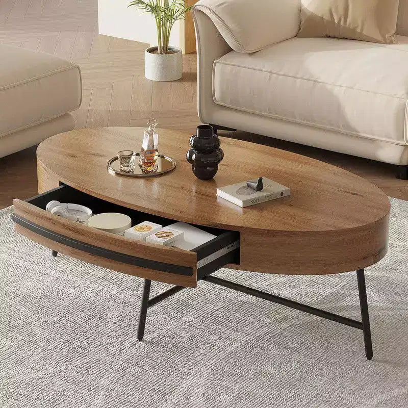 Oval Coffee Table with Drawer, 47.2 Mid-Century Modern Wooden Center Table with Storage