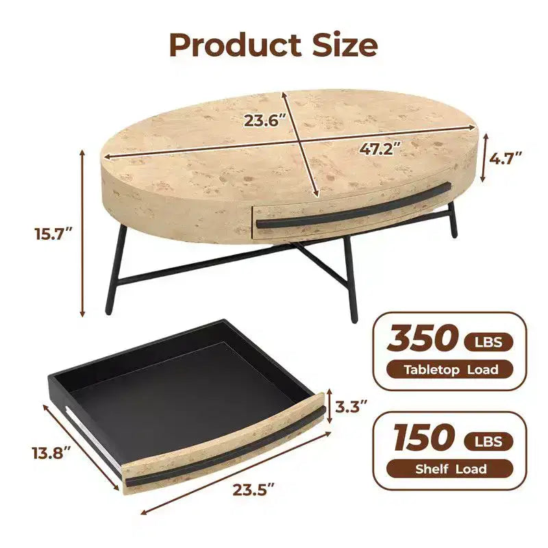 Oval Coffee Table with Drawer, 47.2 Mid-Century Modern Wooden Center Table with Storage