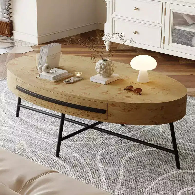 Oval Coffee Table with Drawer, 47.2 Mid-Century Modern Wooden Center Table with Storage