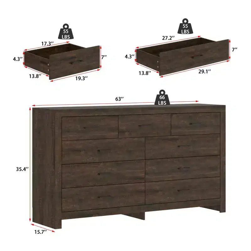 Rustic 9-Drawer Chest Dresser with Organizer Compartments