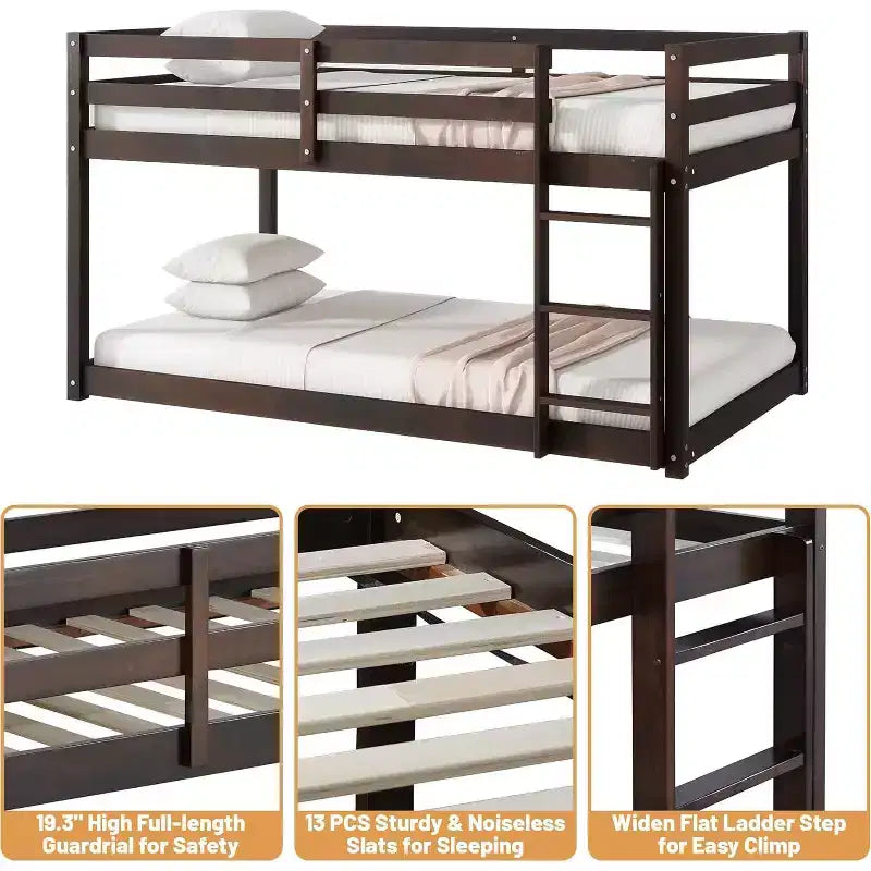 Wooden Bunk Bed Twin Over Twin, Solid Rubberwood Frame with Built-in Ladder, Space Saving, No Box Spring Needed