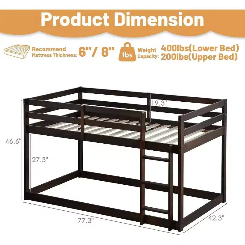 Wooden Bunk Bed Twin Over Twin, Solid Rubberwood Frame with Built-in Ladder, Space Saving, No Box Spring Needed