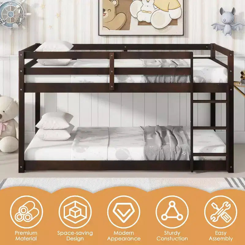 Wooden Bunk Bed Twin Over Twin, Solid Rubberwood Frame with Built-in Ladder, Space Saving, No Box Spring Needed