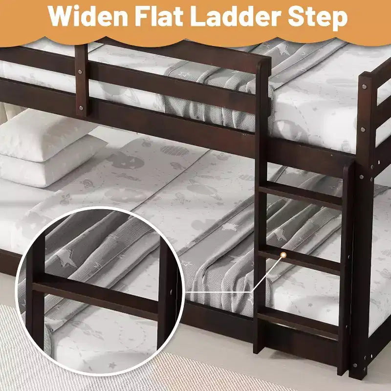 Wooden Bunk Bed Twin Over Twin, Solid Rubberwood Frame with Built-in Ladder, Space Saving, No Box Spring Needed