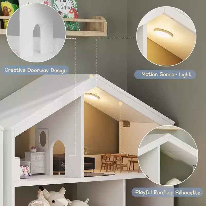 Kids Bookshelf, House-Shaped Storage Display Shelf, Wooden Toddler Bookcase w/Motion Sensor Light for Kids,Dollhouse Bookshelf for Playroom Bedroom